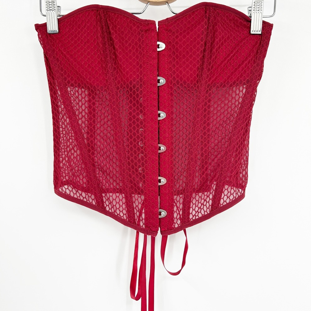 Womens Red Punk Mesh Corset Boned Lace Up Back Strapless Bustier Top‎ Size S